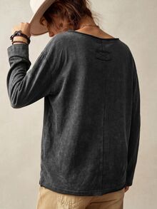 Bohemela Casual Solid Color Knit V-Neck Long Sleeve Loose Fit Women's T-Shirt - Black - View 2