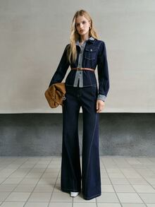 MOTF PREMIUM WOMEN'S COLORBLOCK FLAP POCKET BELTED DENIM JACKET AND FLARE DENIM JEANS SET - Black - View 6