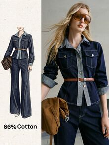 MOTF PREMIUM WOMEN'S COLORBLOCK FLAP POCKET BELTED DENIM JACKET AND FLARE DENIM JEANS SET - Black - View 1