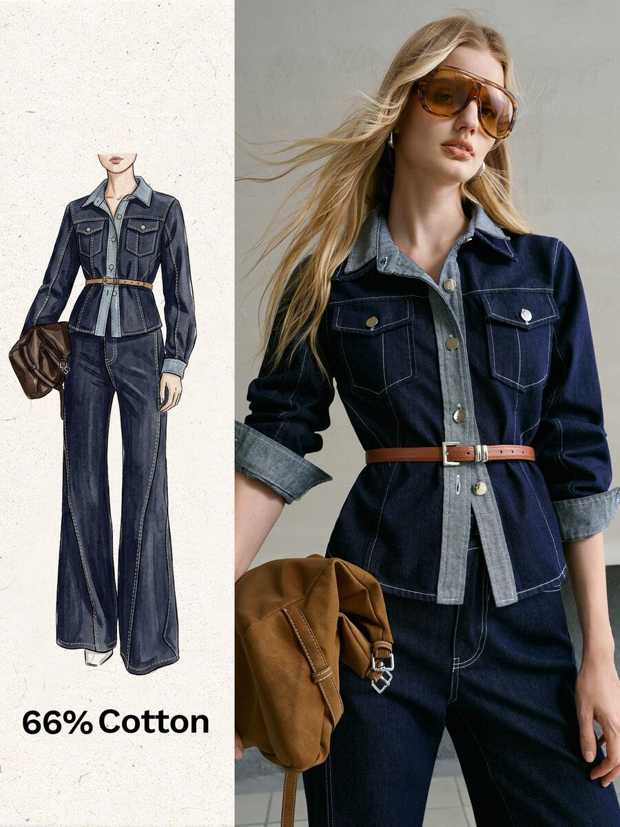 MOTF PREMIUM WOMEN'S COLORBLOCK FLAP POCKET BELTED DENIM JACKET AND FLARE DENIM JEANS SET - Black - View 1