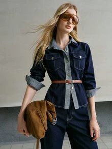 MOTF PREMIUM WOMEN'S COLORBLOCK FLAP POCKET BELTED DENIM JACKET AND FLARE DENIM JEANS SET - Black - View 7