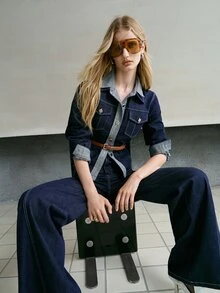 MOTF PREMIUM WOMEN'S COLORBLOCK FLAP POCKET BELTED DENIM JACKET AND FLARE DENIM JEANS SET - Black - View 2