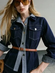 MOTF PREMIUM WOMEN'S COLORBLOCK FLAP POCKET BELTED DENIM JACKET AND FLARE DENIM JEANS SET - Black - View 8