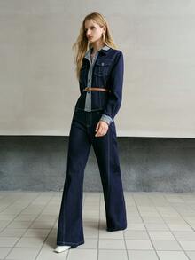 MOTF PREMIUM WOMEN'S COLORBLOCK FLAP POCKET BELTED DENIM JACKET AND FLARE DENIM JEANS SET - Black - View 4
