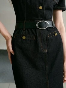 MOTF PREMIUM WOMEN CONTRAST STITCH LAPEL COLLAR FLAP POCKET DENIM SHIRT DRESS WITH BELT - Black - View 5