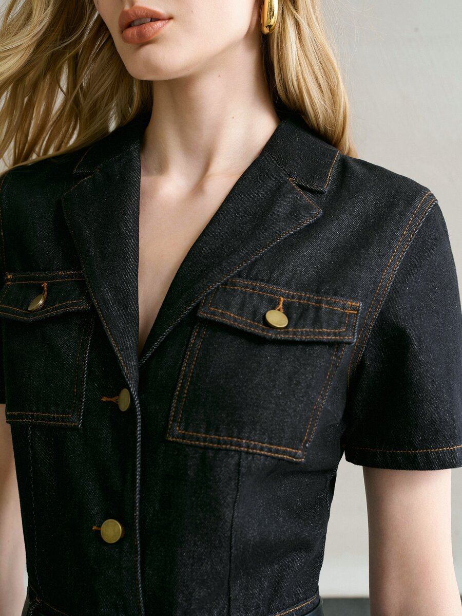 MOTF PREMIUM WOMEN CONTRAST STITCH LAPEL COLLAR FLAP POCKET DENIM SHIRT DRESS WITH BELT - Black - View 2