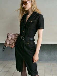 MOTF PREMIUM WOMEN CONTRAST STITCH LAPEL COLLAR FLAP POCKET DENIM SHIRT DRESS WITH BELT - Black - View 7