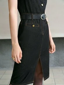 MOTF PREMIUM WOMEN CONTRAST STITCH LAPEL COLLAR FLAP POCKET DENIM SHIRT DRESS WITH BELT - Black - View 4