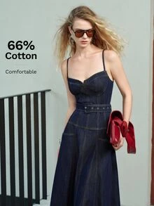 MOTF PREMIUM WOMEN'S BACK ZIPPER SPAGHETTI STRAP DENIM DRESS - Black - View 1
