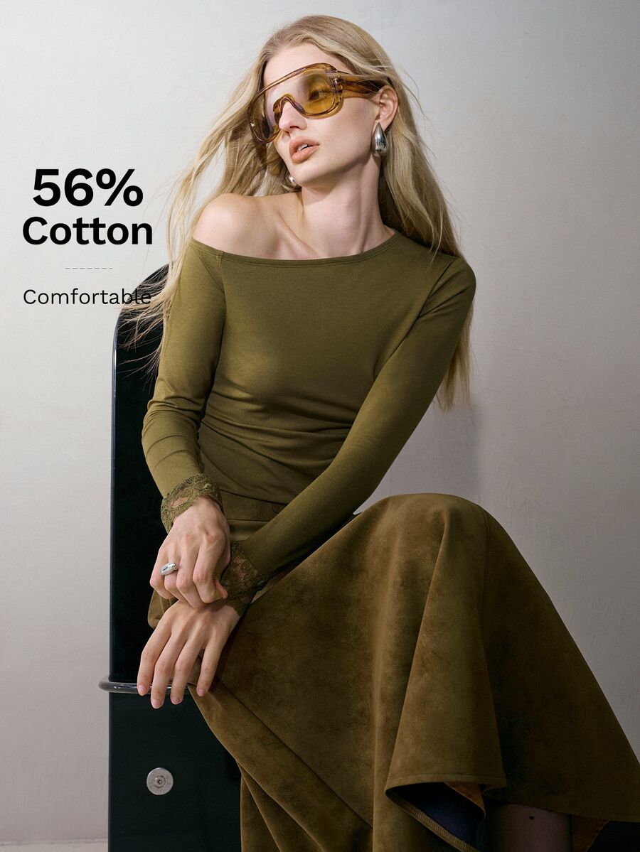 MOTF PREMIUM WOMEN'S SOLID COLOR ASYMMETRICAL NECKLINE CONTRAST LACE CUFF FITTED T-SHIRT - Army Green - View 1