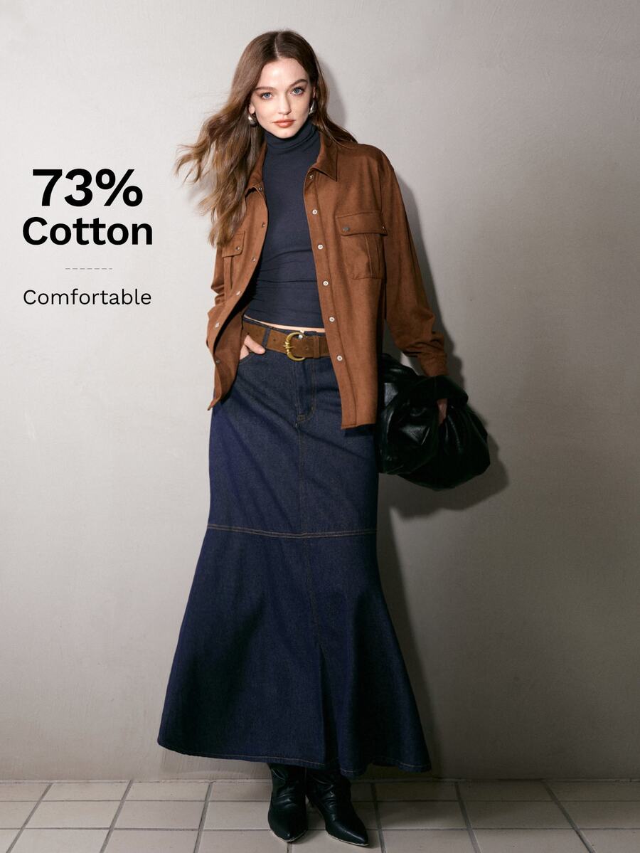 MOTF PREMIUM MINIMALIST ALL-MATCH VERSATILE LONG A-LINE DENIM SKIRT - Navy Blue - View 1