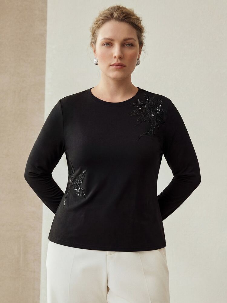 MOTF PREMIUM PLUS SIZE WOMEN'S ELEGANT APPLIQUE KNIT FULL STRETCH T-SHIRT FALL - Black - View 4