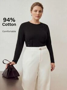 MOTF PREMIUM PLUS SIZE WOMEN'S ELEGANT APPLIQUE KNIT FULL STRETCH T-SHIRT FALL - Black - View 1