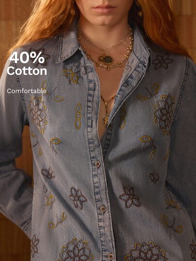 MOTF STUDIO WOMEN'S FLORAL EMBROIDERED WASHED LONG SLEEVE DENIM TOP