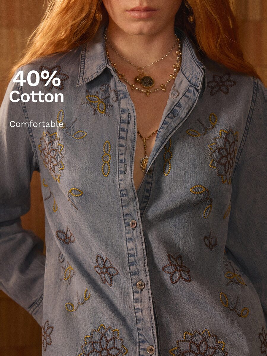 MOTF STUDIO WOMEN'S FLORAL EMBROIDERED WASHED LONG SLEEVE DENIM TOP - Blue - View 1
