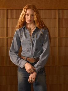MOTF STUDIO WOMEN'S FLORAL EMBROIDERED WASHED LONG SLEEVE DENIM TOP - Blue - View 5