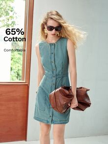 MOTF PREMIUM WOMEN'S SUMMER SINGLE-BREASTED BUTTON-FRONT SLEEVELESS FITTED DENIM DRESS - Medium Wash - View 1