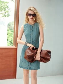 MOTF PREMIUM WOMEN'S SUMMER SINGLE-BREASTED BUTTON-FRONT SLEEVELESS FITTED DENIM DRESS - Medium Wash - View 5