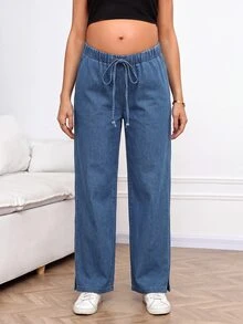 SHEIN Celana Jeans Hamil Kasual Model Lurus dengan Potongan Luntur - Biru - View 4