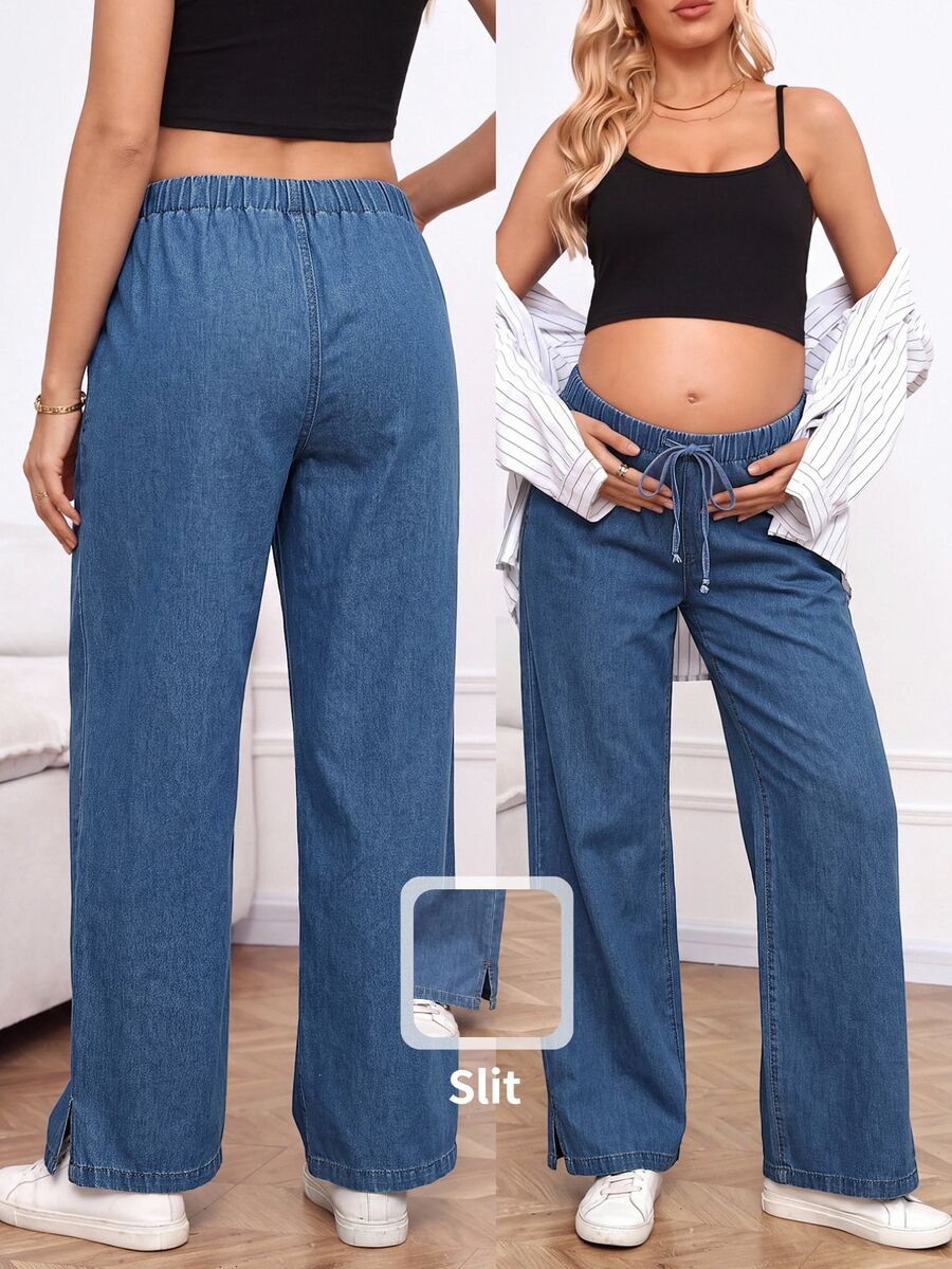 SHEIN Maternity Casual Washed Straight Leg Jeans Cowgirl Outfits For Women Fall/Winter Concert - Blue - View 1