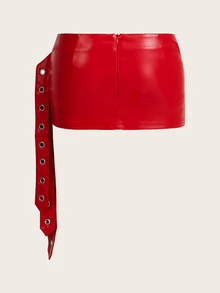 SHEIN ICON 修身 PU 吊饰超低腰迷你裙 - 紅色 - 查看 2