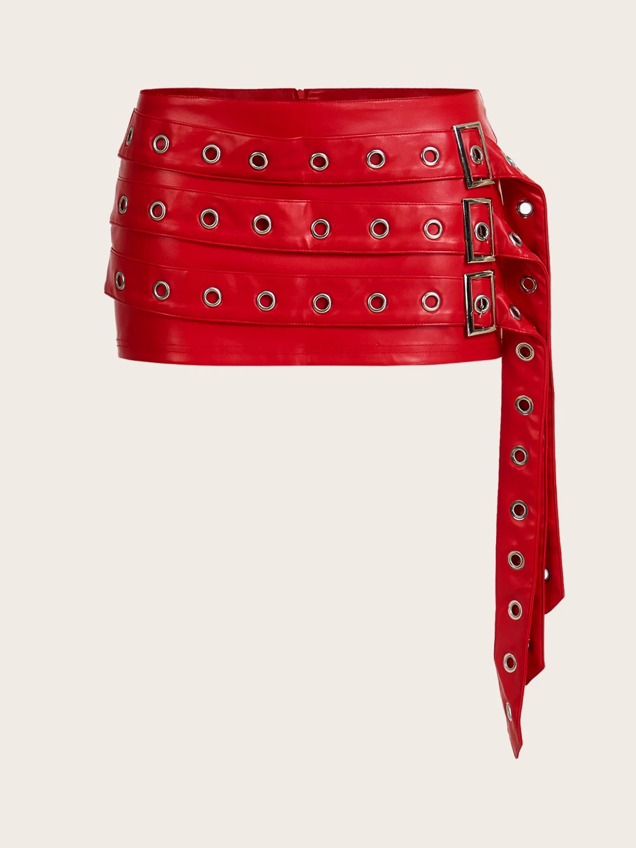 SHEIN ICON Form-Fitting PU Hang Decor Super Low Waist Mini Skirt - Red - View 1