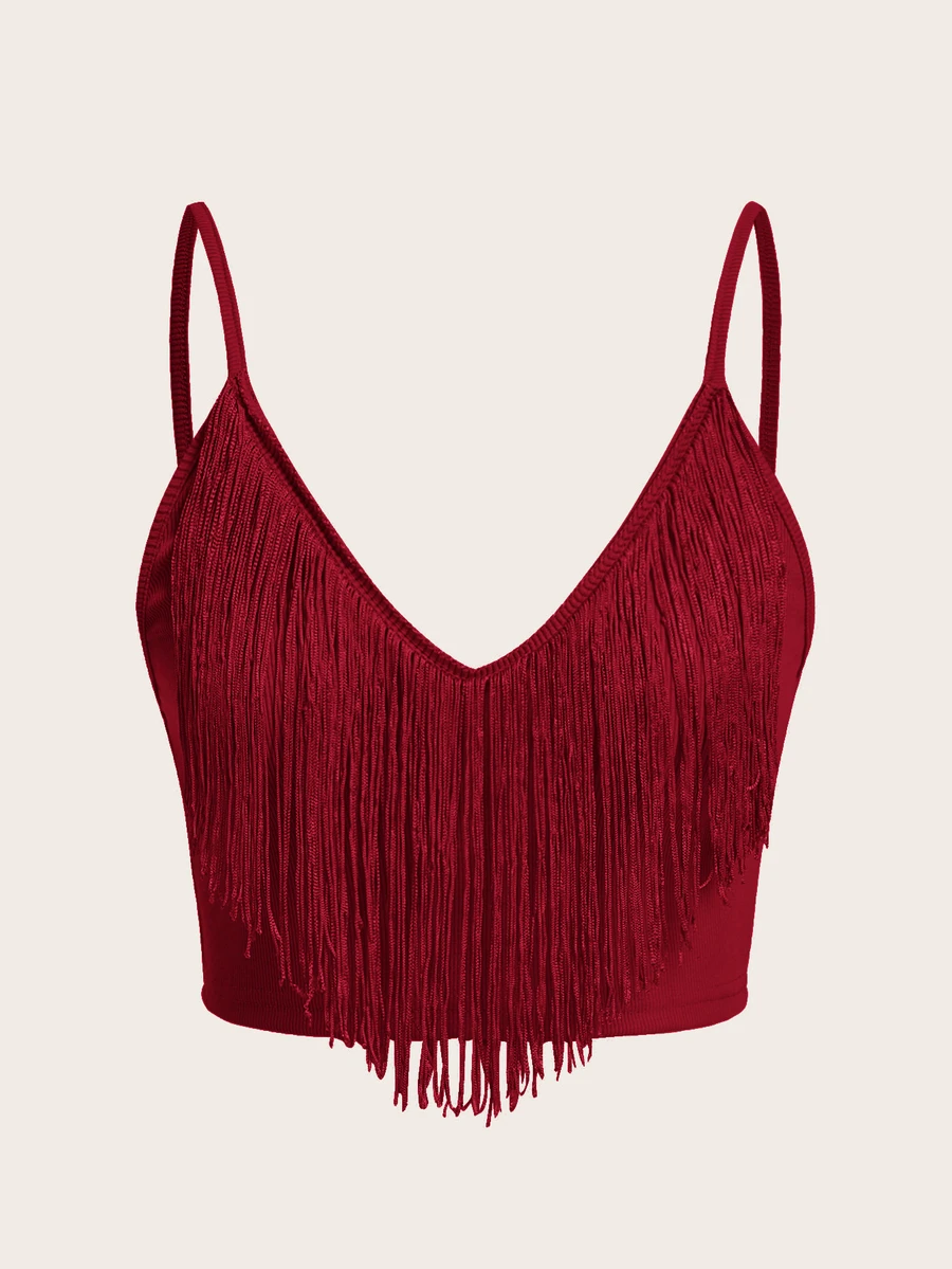 SHEIN ICON Fringe Trim Cami Top - Burgundy - View 1