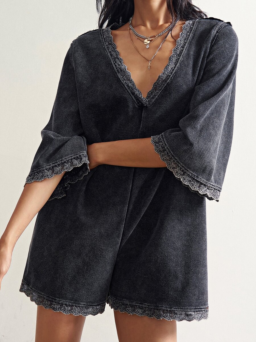 Bohemela Mono de punto de color liso estilo bohemio casual para mujer, gris carbón, para brunch y vacaciones en otoño - Negro - Ver 1