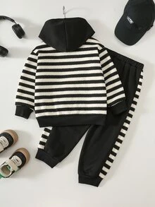 SHEIN 2pcs/Set Young Boy Decorative Woven Label Contrast Color Striped Knit Soft Hooded Long Sleeve Pullover Sweatshirt Elastic Waist Long Pants Fleece Lined Thickened Suitable For Winter - Multicolor - View 2