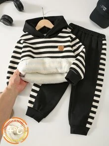 SHEIN 2pcs/Set Young Boy Decorative Woven Label Contrast Color Striped Knit Soft Hooded Long Sleeve Pullover Sweatshirt Elastic Waist Long Pants Fleece Lined Thickened Suitable For Winter - Multicolor - View 3