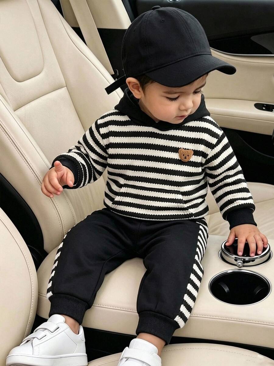SHEIN 2pcs/Set Young Boy Decorative Woven Label Contrast Color Striped Knit Soft Hooded Long Sleeve Pullover Sweatshirt Elastic Waist Long Pants Fleece Lined Thickened Suitable For Winter - Multicolor - View 1