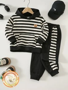 SHEIN 2pcs/Set Young Boy Decorative Woven Label Contrast Color Striped Knit Soft Hooded Long Sleeve Pullover Sweatshirt Elastic Waist Long Pants Fleece Lined Thickened Suitable For Winter - Multicolor - View 4