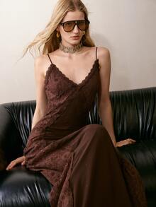 MOTF PREMIUM LACE PATCHWORK BEADED DECOR LONG STRAP DRESS - Coffee - View 5