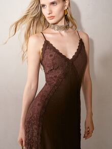 MOTF PREMIUM LACE PATCHWORK BEADED DECOR LONG STRAP DRESS - Coffee - View 2
