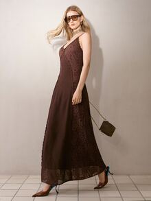 MOTF PREMIUM LACE PATCHWORK BEADED DECOR LONG STRAP DRESS - Coffee - View 8