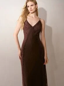 MOTF PREMIUM LACE PATCHWORK BEADED DECOR LONG STRAP DRESS - Coffee - View 6