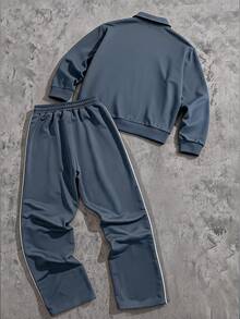 SHEIN Coolqubz 青少年男孩秋季風格兩件套服裝，藍灰色拉鍊連帽衛衣外套與配套長褲套裝，休閒運動風運動服 - 霧霾藍 - 查看 3