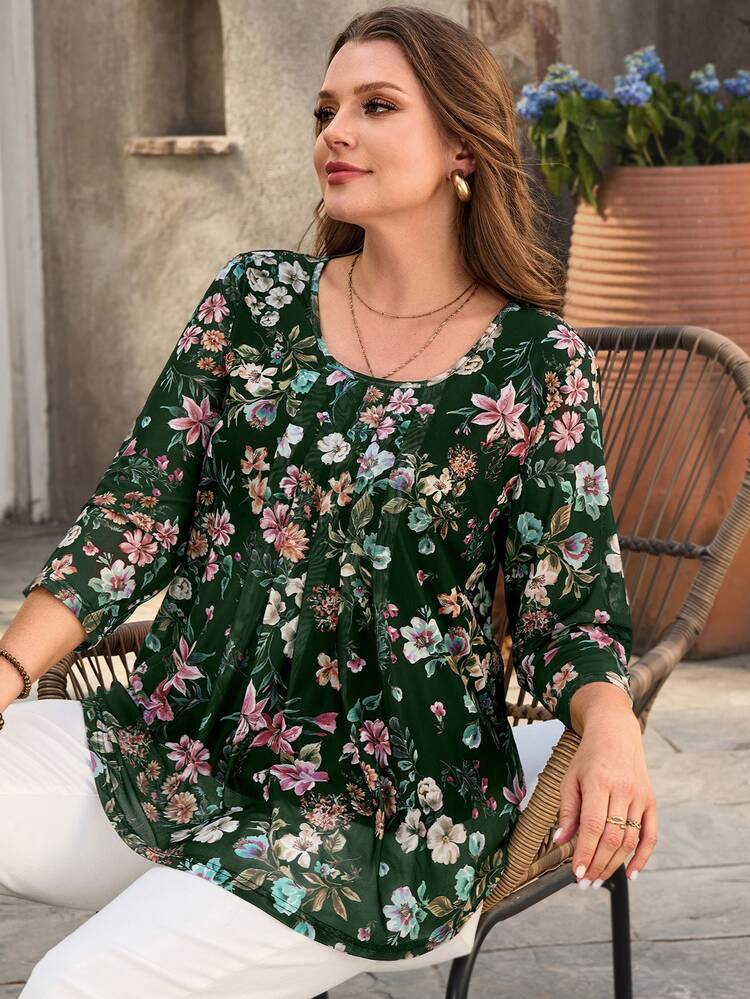 EMERY ROSE Plus Size Women Dark Green Floral Print 3/4 Sleeve Shirt, Autumn Outfits Formal Vacation Boho Casual - Green - View 6
