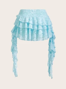 SHEIN ICON 度假风休闲白色蕾丝荷叶边迷你裙，搭配安全短裤，防走光，夜店性感装扮 - 淺藍色 - 查看 2