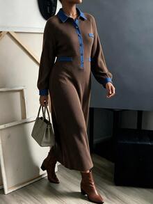 Linhara CURVE Plus Size Contrast Denim Collar Fuzzy Ribbed Shirt Dress, Casual Long Sleeve Loose Midi Dress Fall - Coffee Brown - View 3