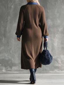 Linhara CURVE Plus Size Contrast Denim Collar Fuzzy Ribbed Shirt Dress, Casual Long Sleeve Loose Midi Dress Fall - Coffee Brown - View 6