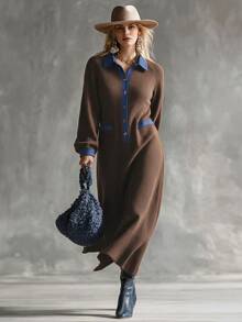 Linhara CURVE Plus Size Contrast Denim Collar Fuzzy Ribbed Shirt Dress, Casual Long Sleeve Loose Midi Dress Fall - Coffee Brown - View 5