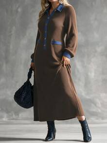 Linhara CURVE Plus Size Contrast Denim Collar Fuzzy Ribbed Shirt Dress, Casual Long Sleeve Loose Midi Dress Fall - Coffee Brown - View 4