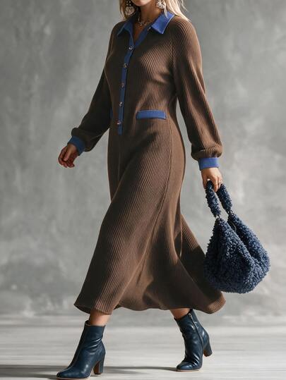 Linhara CURVE Plus Size Contrast Denim Collar Fuzzy Ribbed Shirt Dress, Casual Long Sleeve Loose Midi Dress Fall
