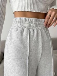 SHEIN بنطال رياضي قطني للنساء بلون موحد بسيط وكاجوال أساسي للاستخدام اليومي والمنزلي رمادي فاتح خريف للاسترخاء - رمادي فاتح - مشاهدة 6