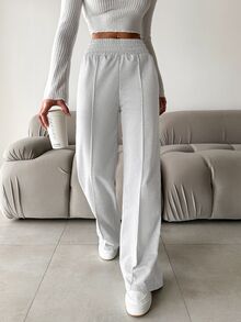 SHEIN بنطال رياضي قطني للنساء بلون موحد بسيط وكاجوال أساسي للاستخدام اليومي والمنزلي رمادي فاتح خريف للاسترخاء - رمادي فاتح - مشاهدة 3