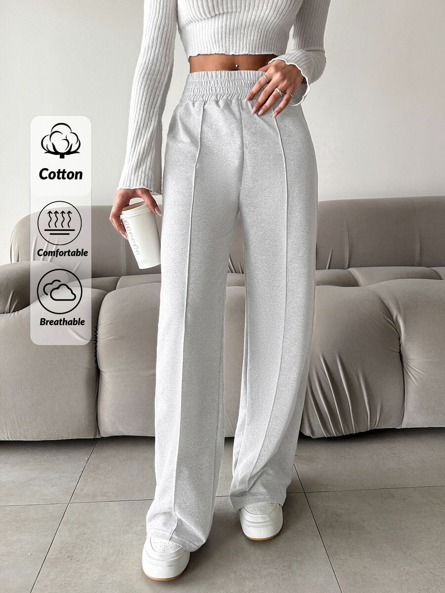 SHEIN بنطال رياضي قطني للنساء بلون موحد بسيط وكاجوال أساسي للاستخدام اليومي والمنزلي رمادي فاتح خريف للاسترخاء - رمادي فاتح - مشاهدة 1