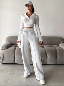 SHEIN بنطال رياضي قطني للنساء بلون موحد بسيط وكاجوال أساسي للاستخدام اليومي والمنزلي رمادي فاتح خريف للاسترخاء - رمادي فاتح - مشاهدة 4