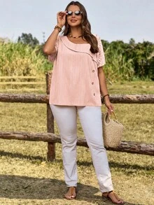 Rosumi Plus Size Women Pink Asymmetric Collar Short Sleeve Button Design Shirt,Summer Vacation - Pink - View 6