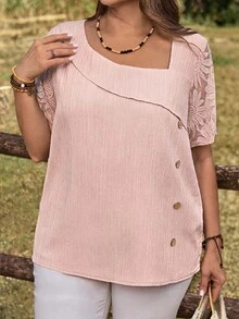 Rosumi Plus Size Women Pink Asymmetric Collar Short Sleeve Button Design Shirt,Summer Vacation - Pink - View 5